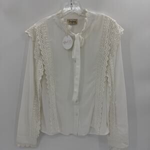 New LACE & BEAD White Crochet Blouse Size 12 Button Up Tie Neck Cottage Coquette
